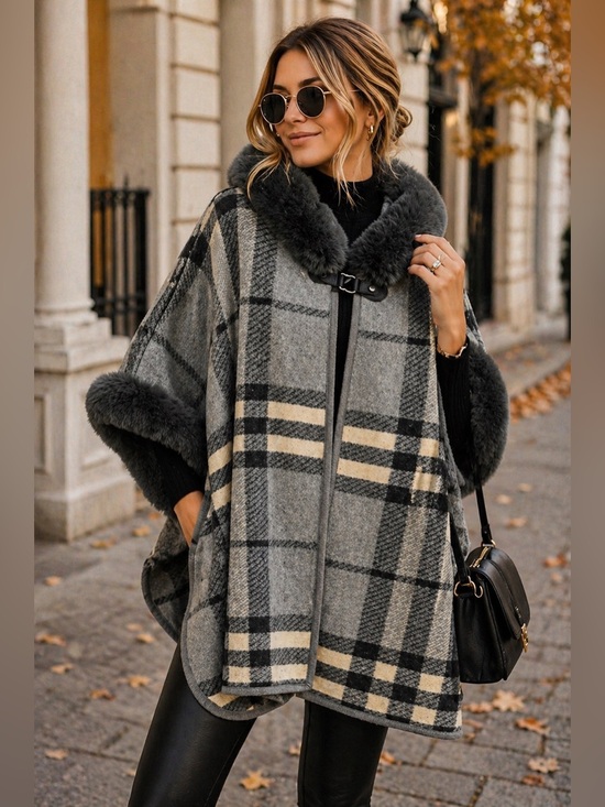 On blue Sweaters - ON BLUE Plaid Poncho Cape S/M Gray Faux Fur Collar Cozy Winter Wrap